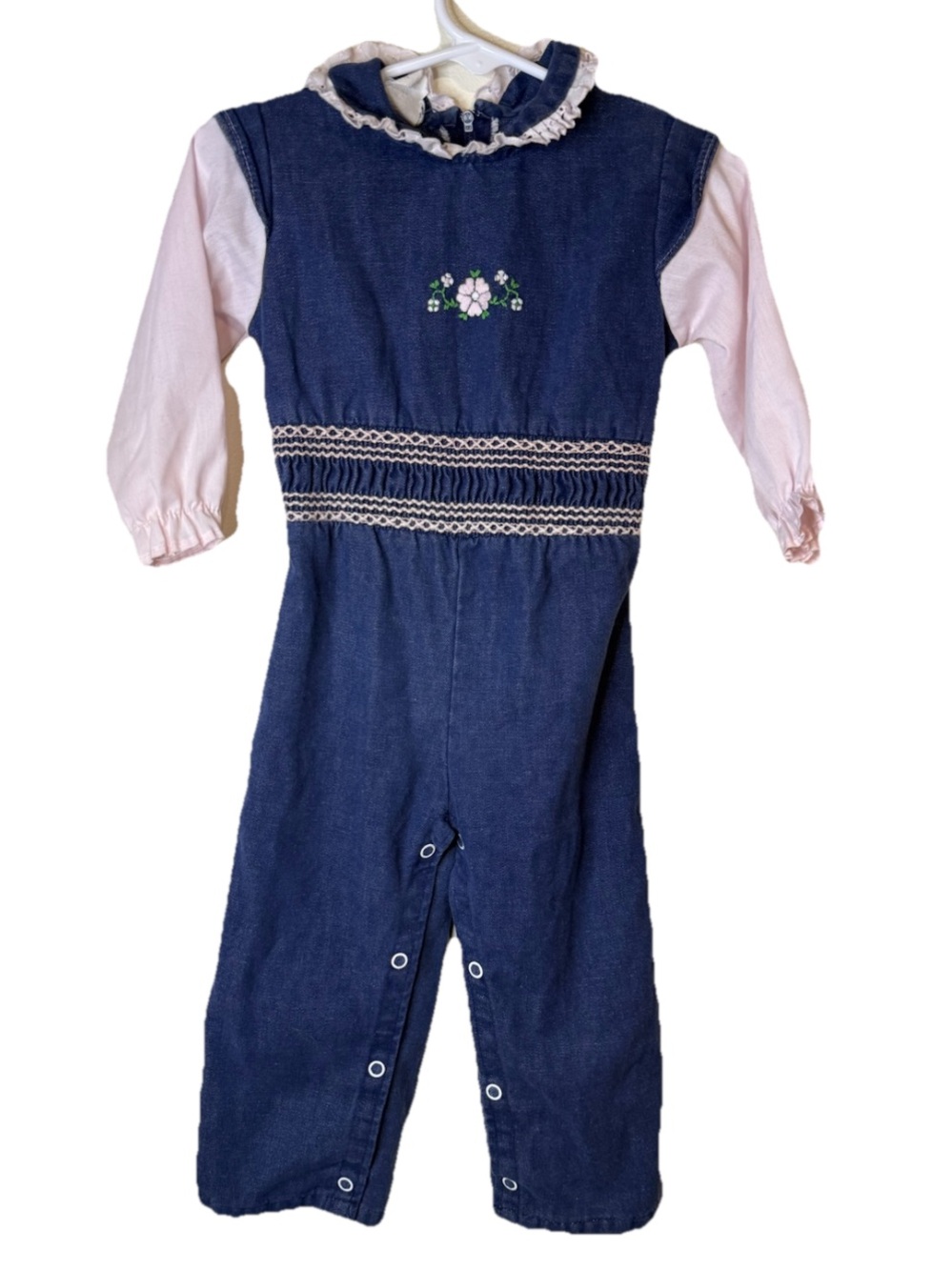 Vintage Denim Twill Longalls Jumpsuit with Pink Accents Toddler Girls 24 Months
